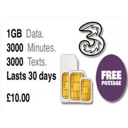 1GB Data + 3000 UK Minutes + 3000 UK Texts Pre-loaded Three Trio-SIM